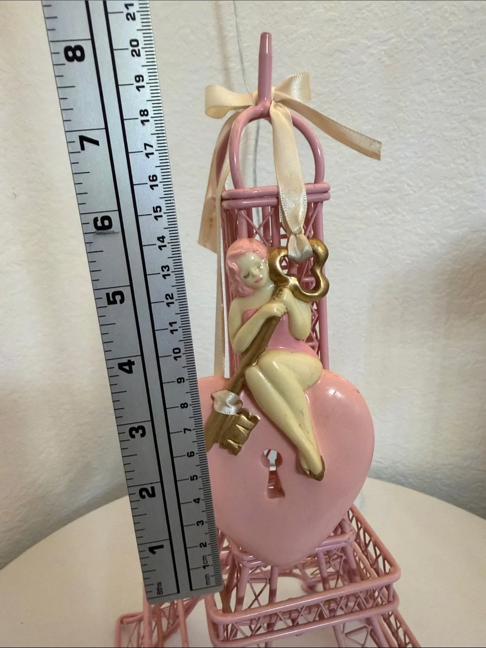 Lady Weird Pink Eiffel Tower Heart Ornament with Key Accent